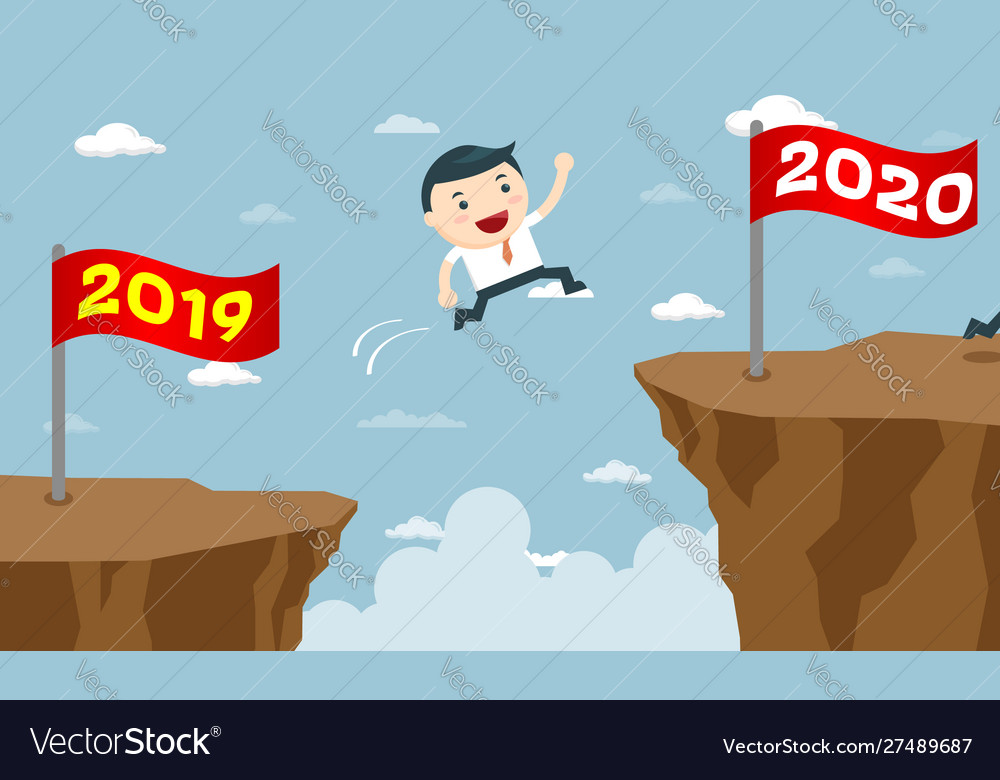 Happy business people jumping from year to new vector image Happy business people jumping from year to new