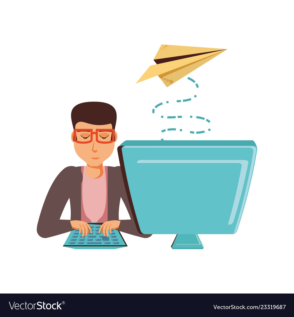Man with desktop computer and airplane paper