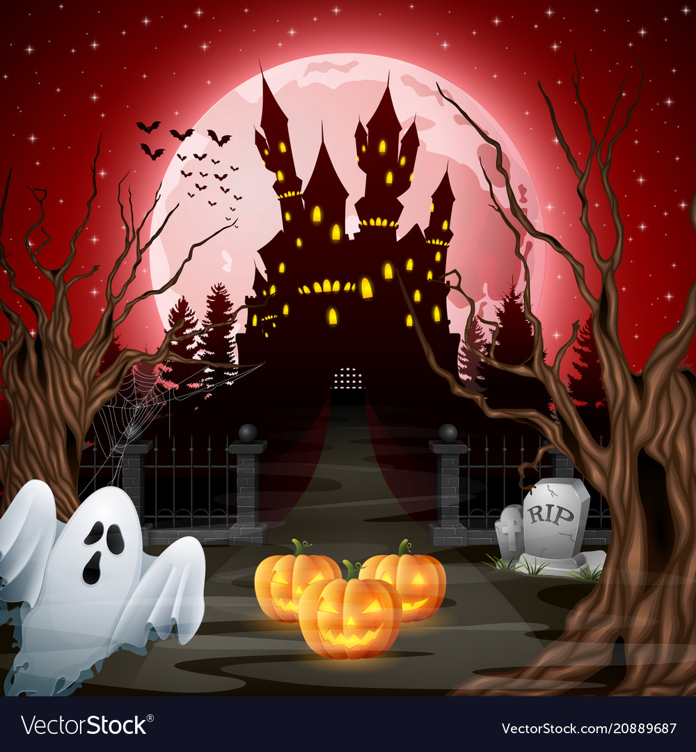 Scary castle with ghost and pumpkins in the woods Vector Image