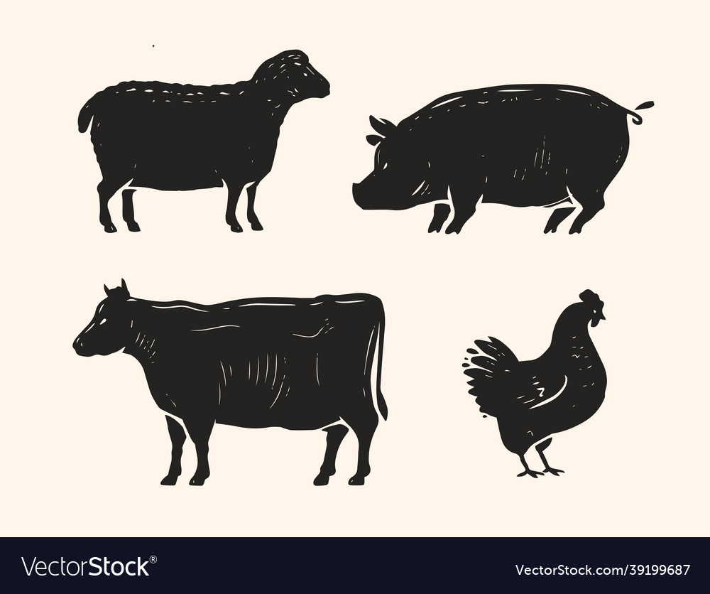 Set of animals for the butcher shop cow pig vector image Set of animals for the butcher shop cow pig