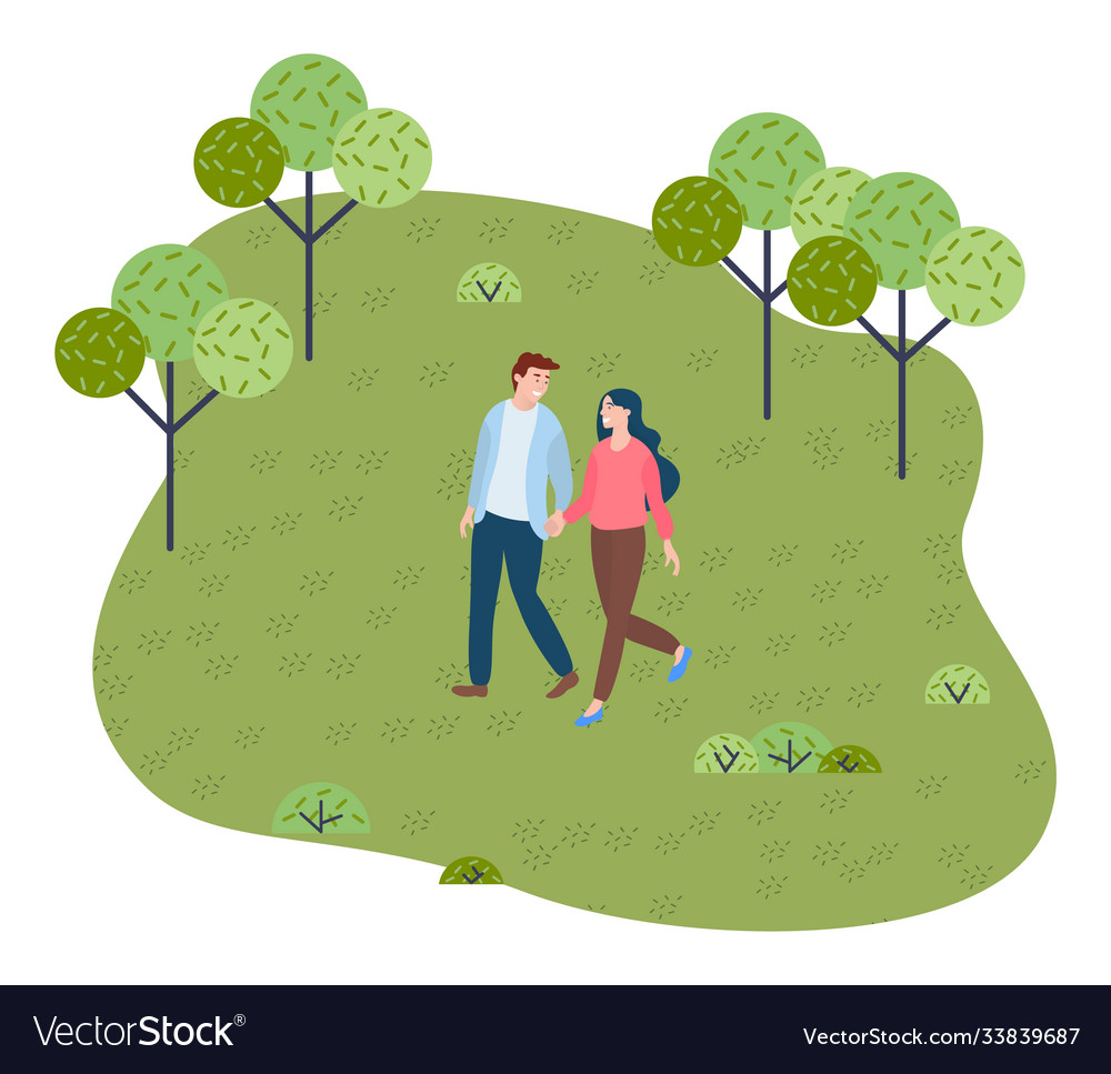 Young couple walks in park holding hands walking Vector Image