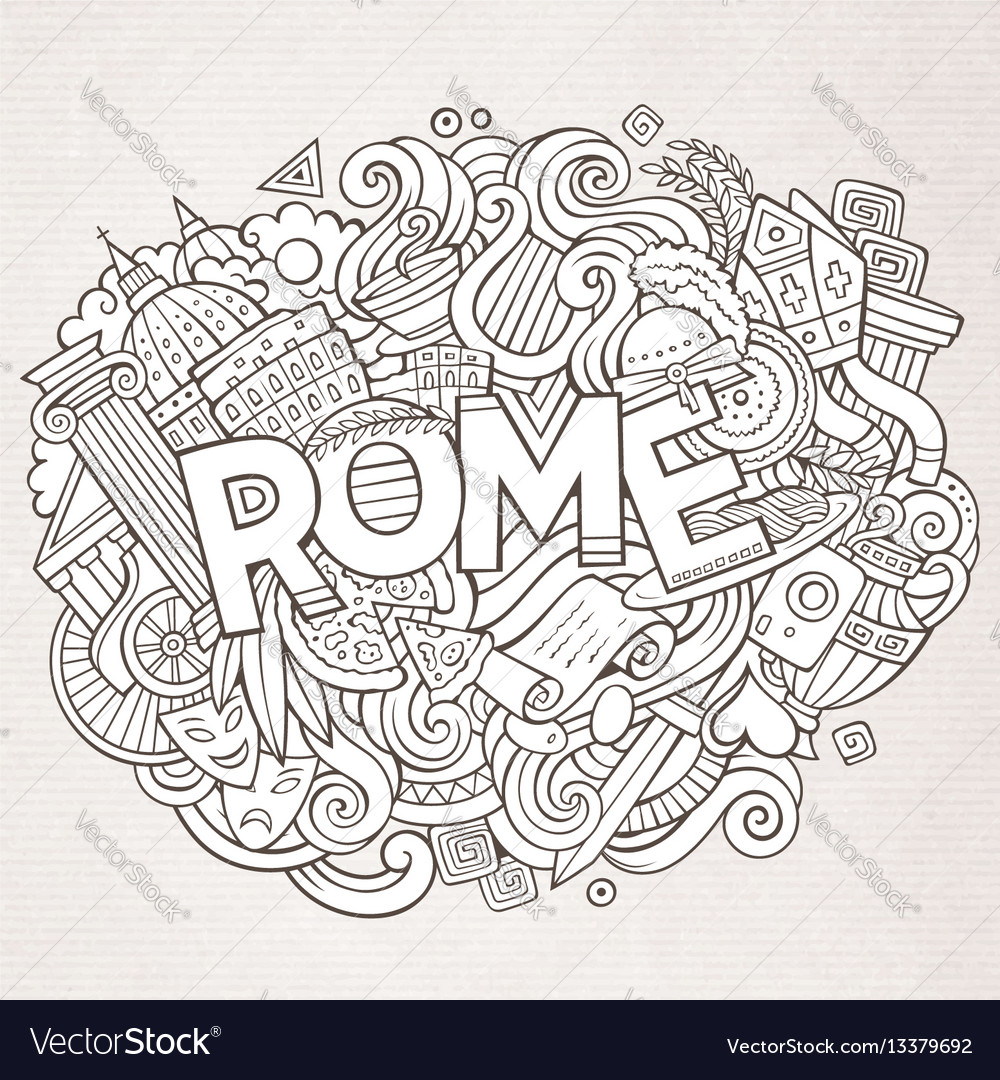 Cartoon cute doodles hand drawn rome inscription