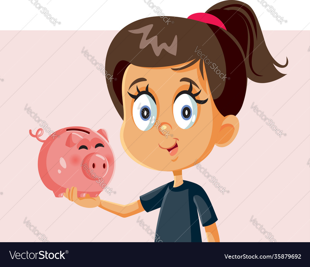 Happy girl holding a piggy bank Royalty Free Vector Image