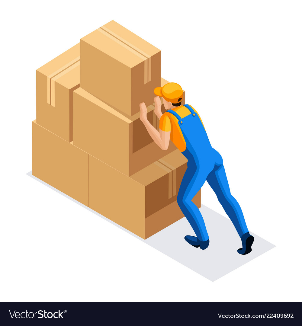 Isometric Man In Uniform Pushes A Large Mountain Vector Image