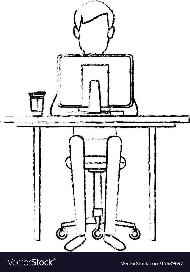 Man character sitting working desk computer