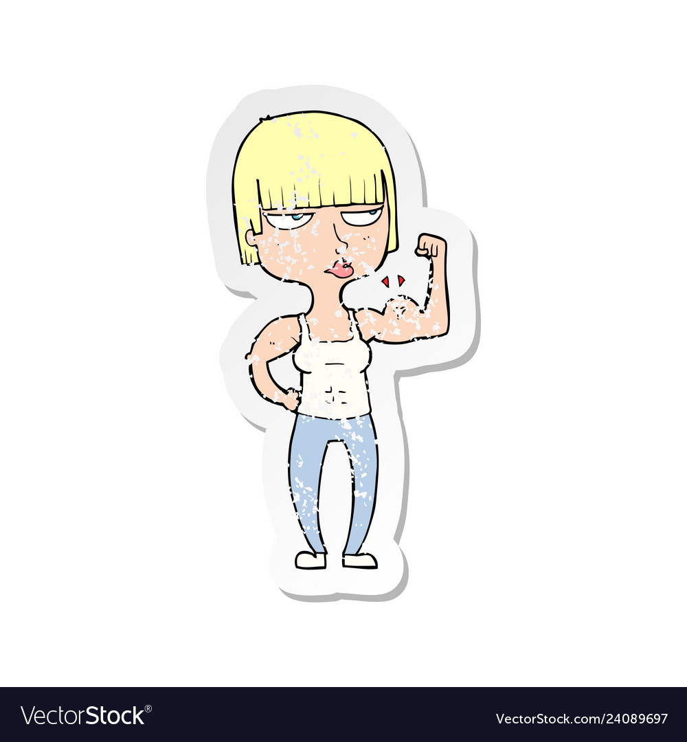 Retro distressed sticker of a cartoon gym woman