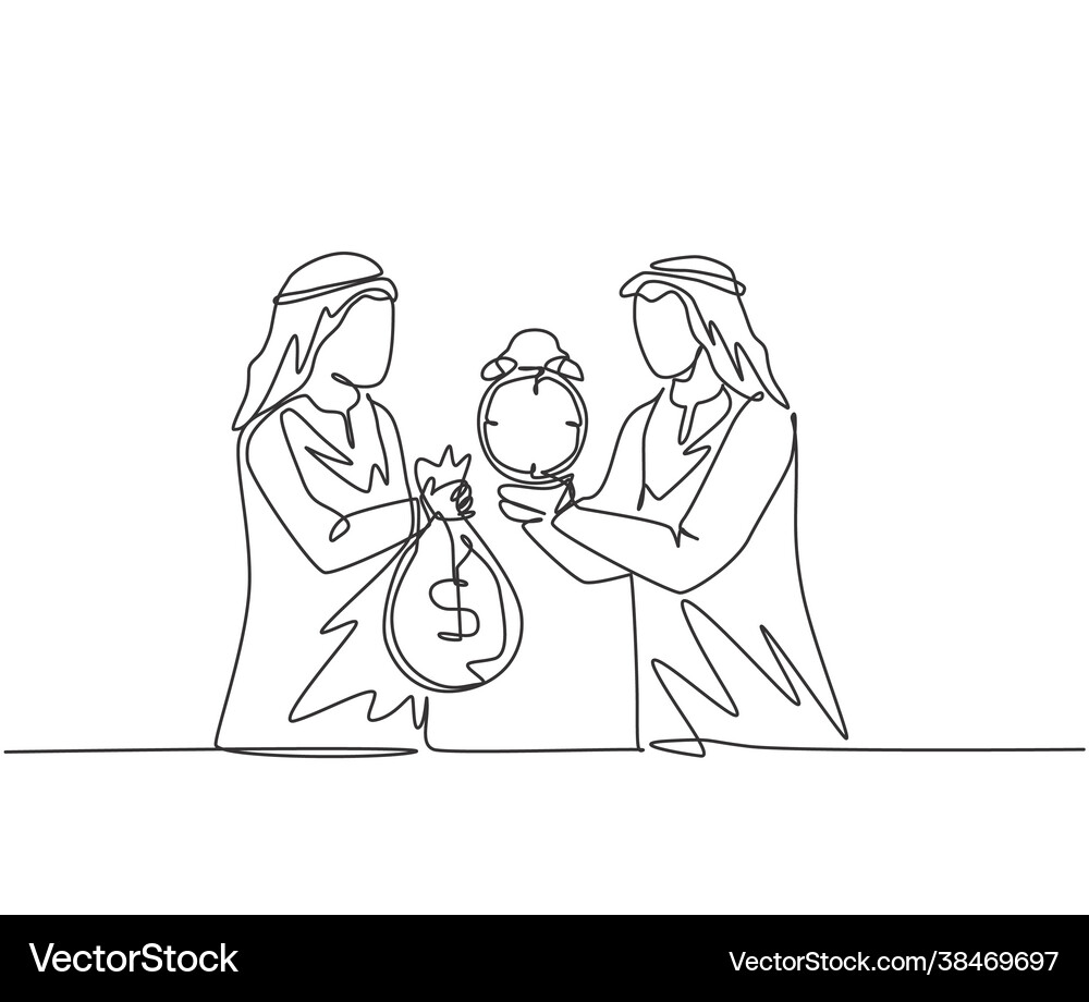 Single continuous line drawing two young arab Vector Image
