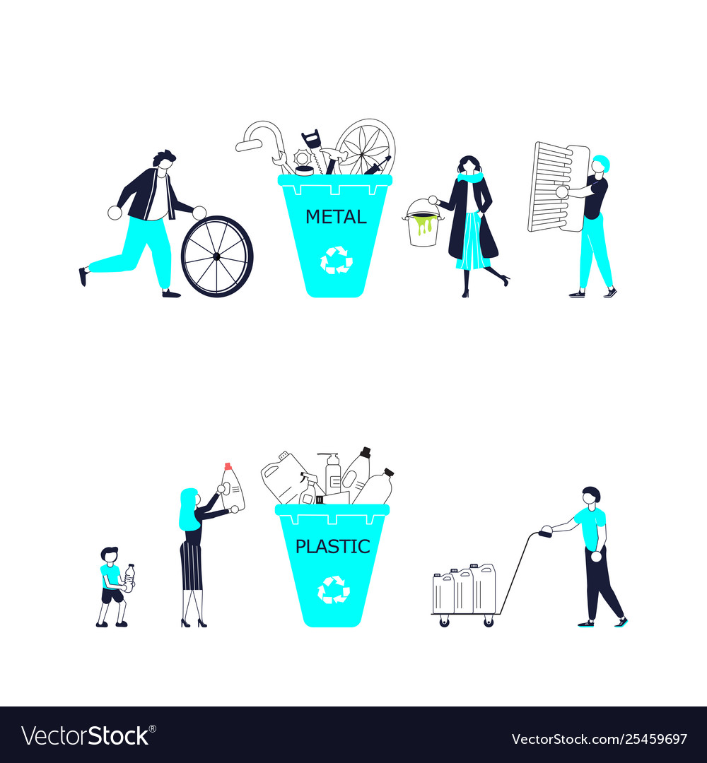 Small people characters throw garbage in container