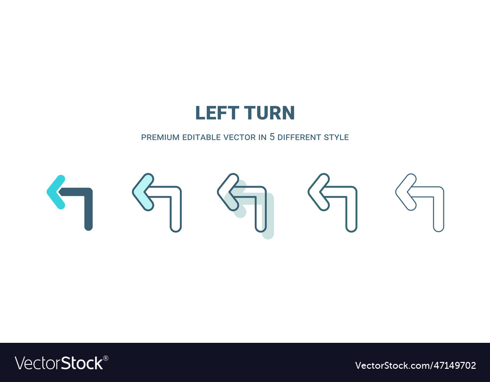 Left turn icon in 5 different style outline