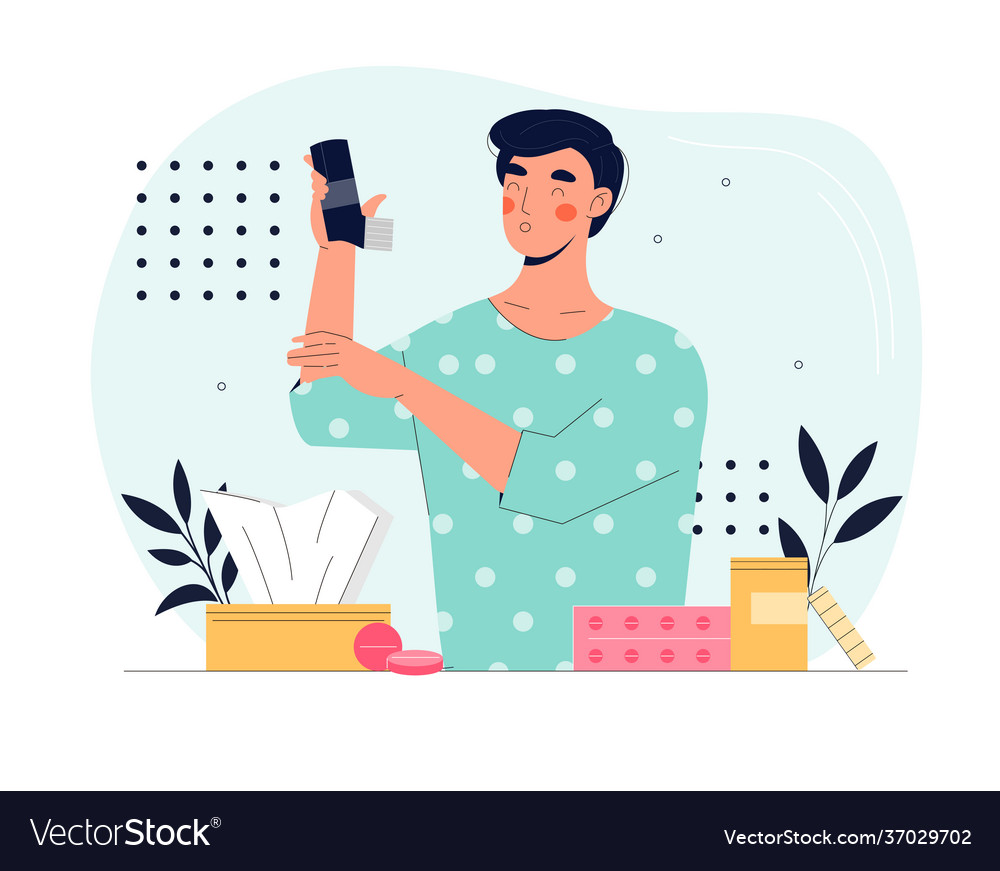 Man with pollen allergy or asthma using an inhaler vector image Man with pollen allergy or asthma using an inhaler