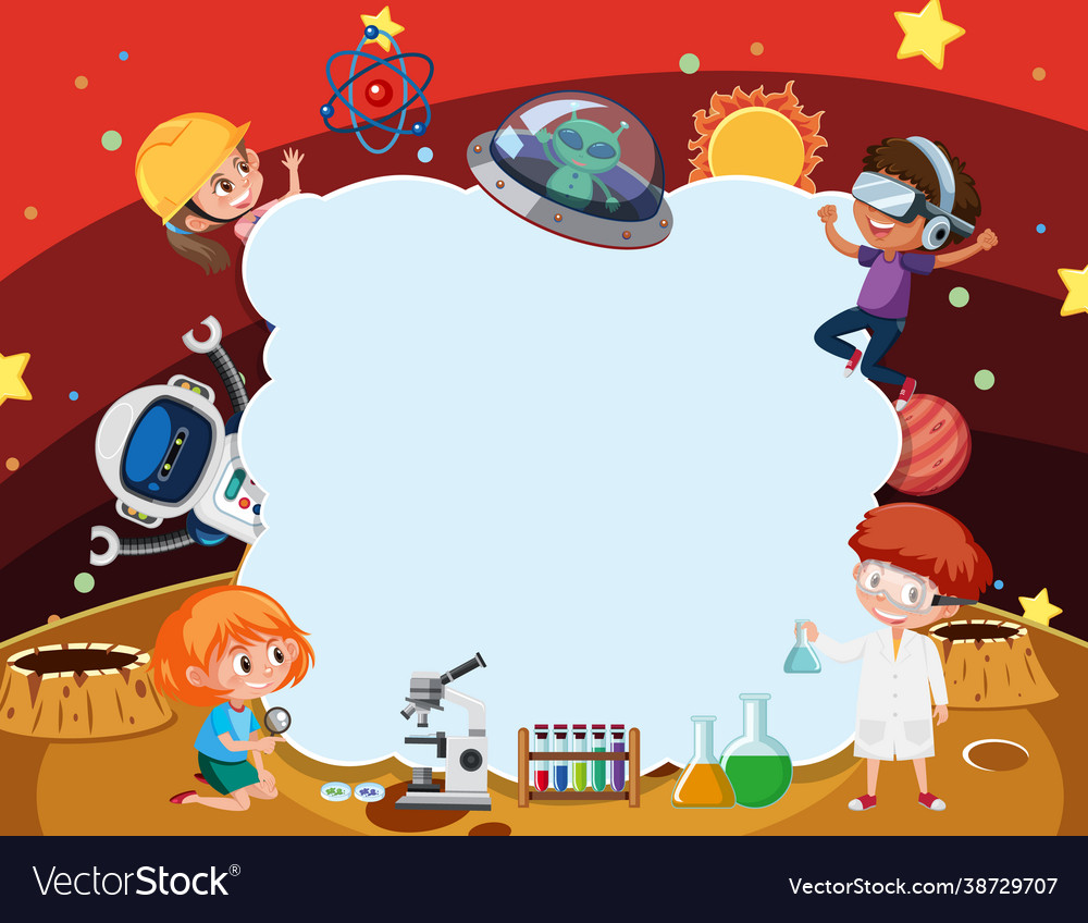 Empty cloud banner with kids in technology theme