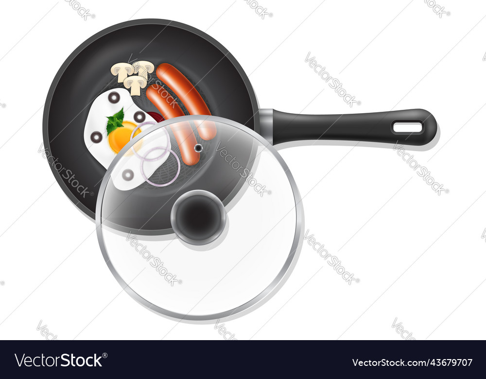 Fried roast egg and sausages in a pan skillet