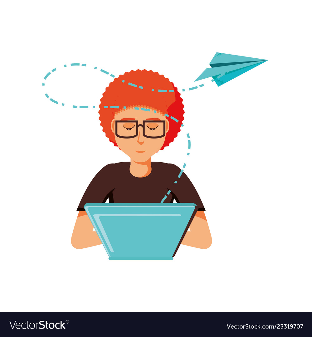 Man with laptop computer and airplane paper
