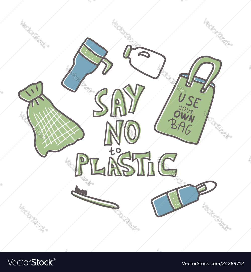 Plastic free concept with text and symbols Vector Image