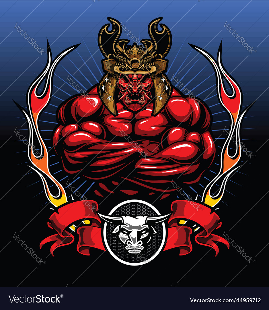 Samurai bodybuilding and black background fire Vector Image