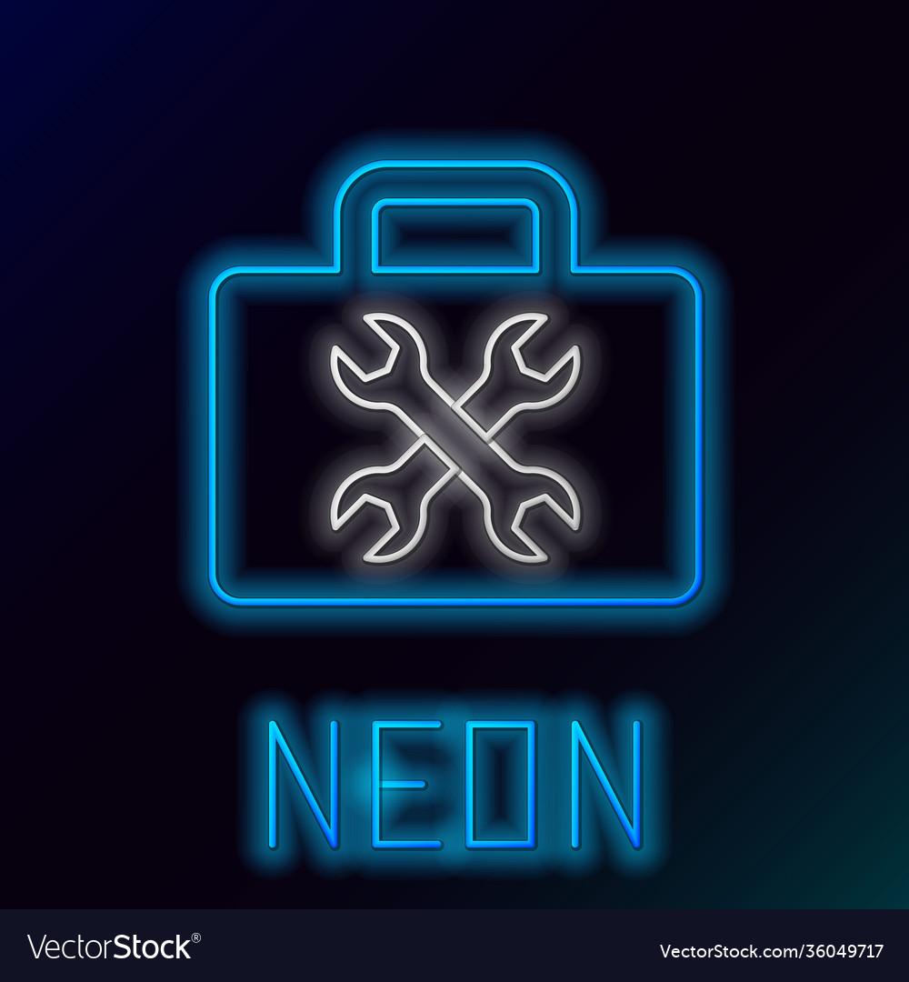 Glowing neon line toolbox icon isolated on black