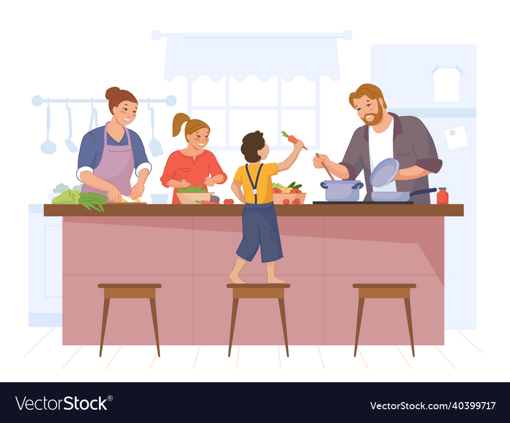 Happy family cooking mother father and kids cook Vector Image