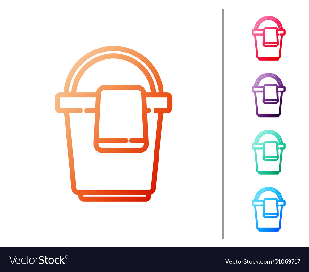 Red line bucket with rag icon isolated on white Vector Image Red line bucket with rag icon isolated on white