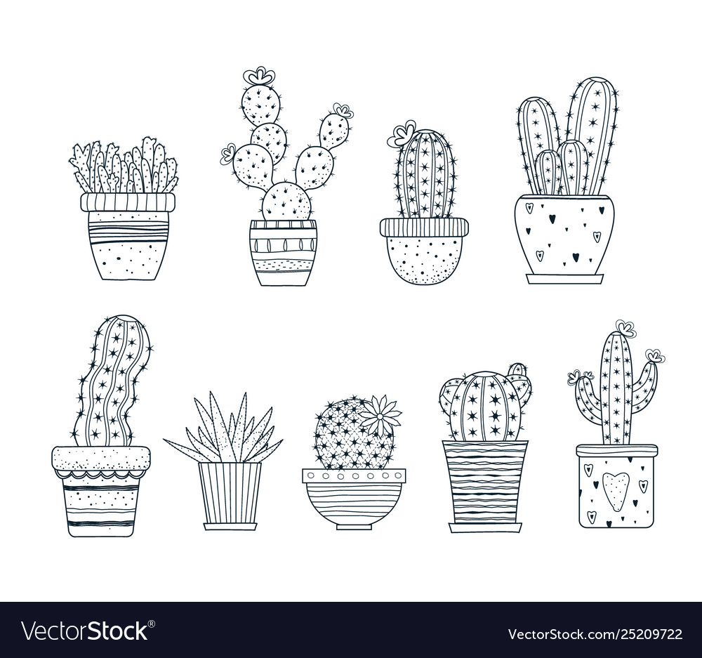 Ein Set cacti doodle Stil schwarze Farbe isoliert