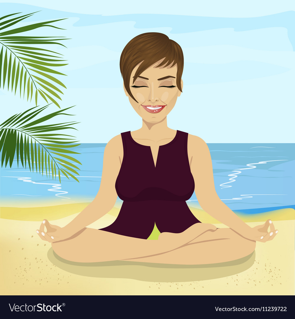 Businesswoman doing yoga on tropical beach