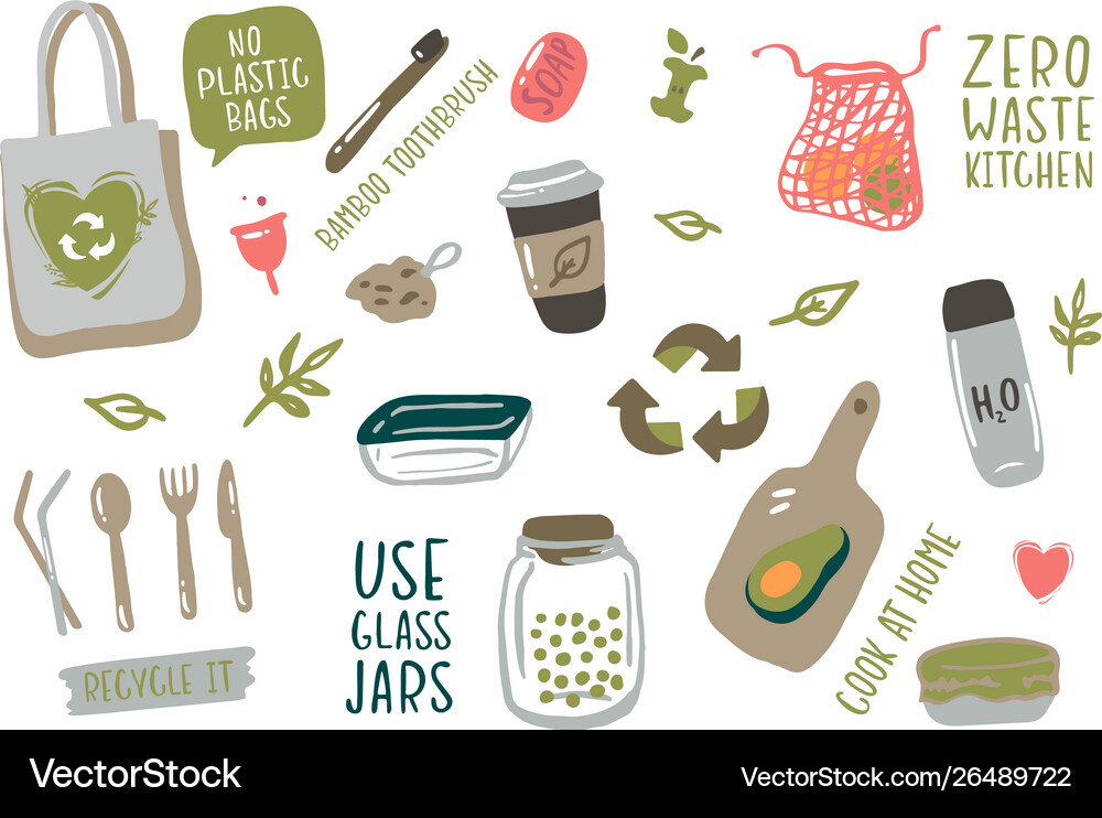 Hand drawn elements zero waste life Royalty Free Vector