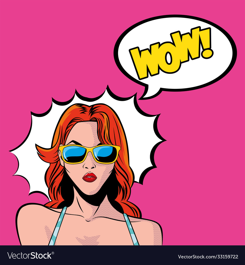 Retro red hair woman cartoon with glasses and wow Vector Image