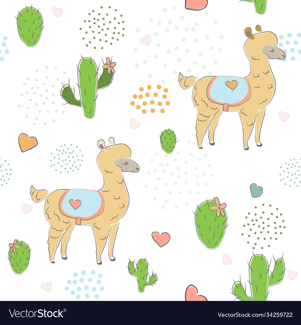 Seamless alpaca pattern with cacti vector image Seamless alpaca pattern with cacti