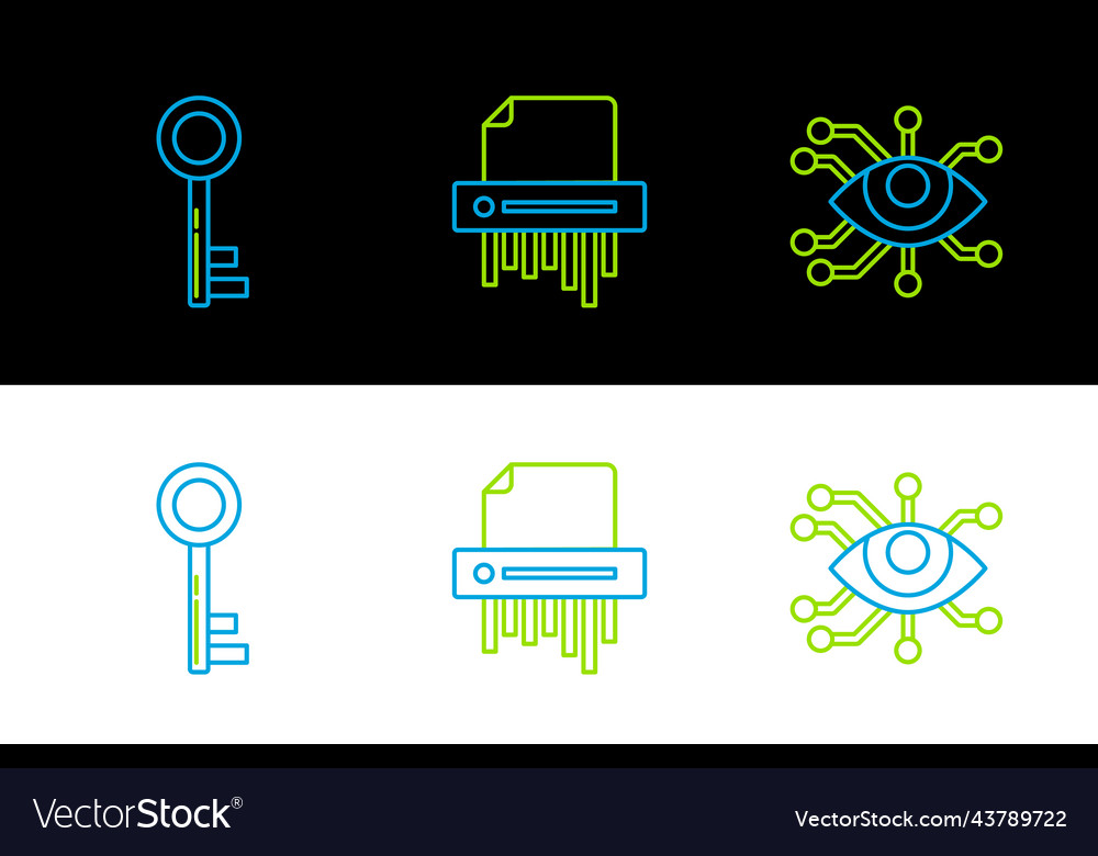 Set line eye scan key and paper shredder vector image Set line eye scan key and paper shredder