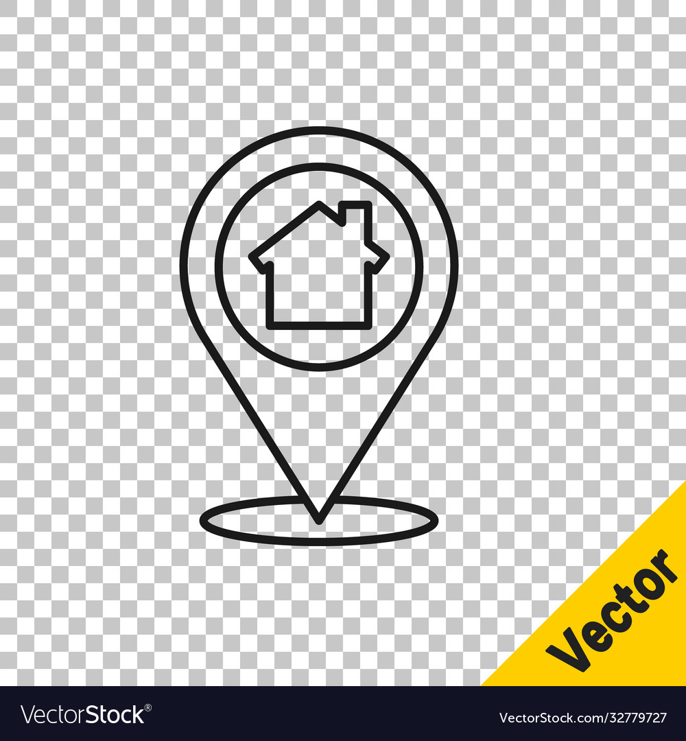 Black line map pointer with house icon isolated