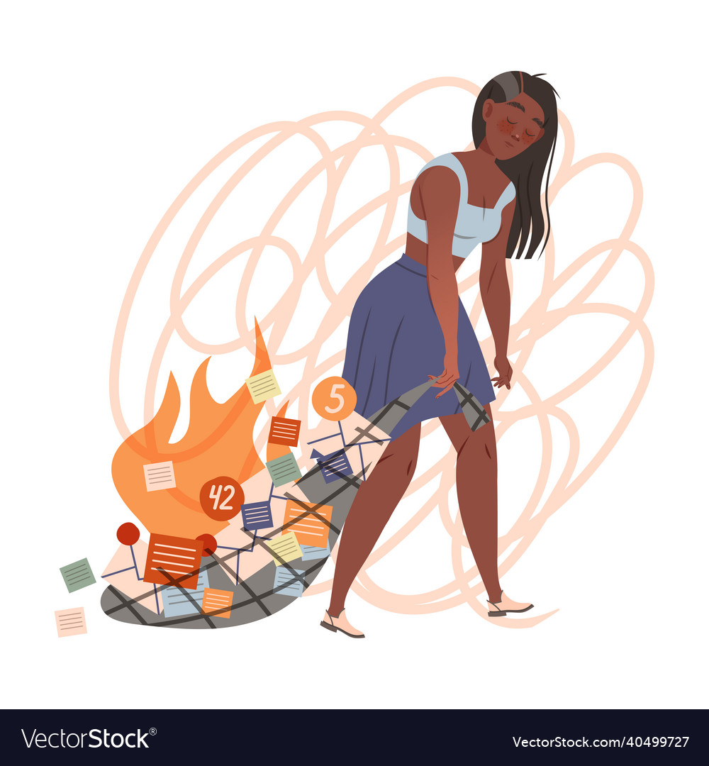 Exhausted girl having many duties and tasks job vector image Exhausted girl having many duties and tasks job