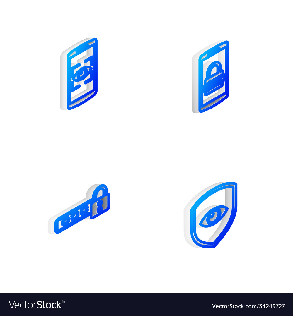Set isometric line mobile and password eye scan vector image Set isometric line mobile and password eye scan