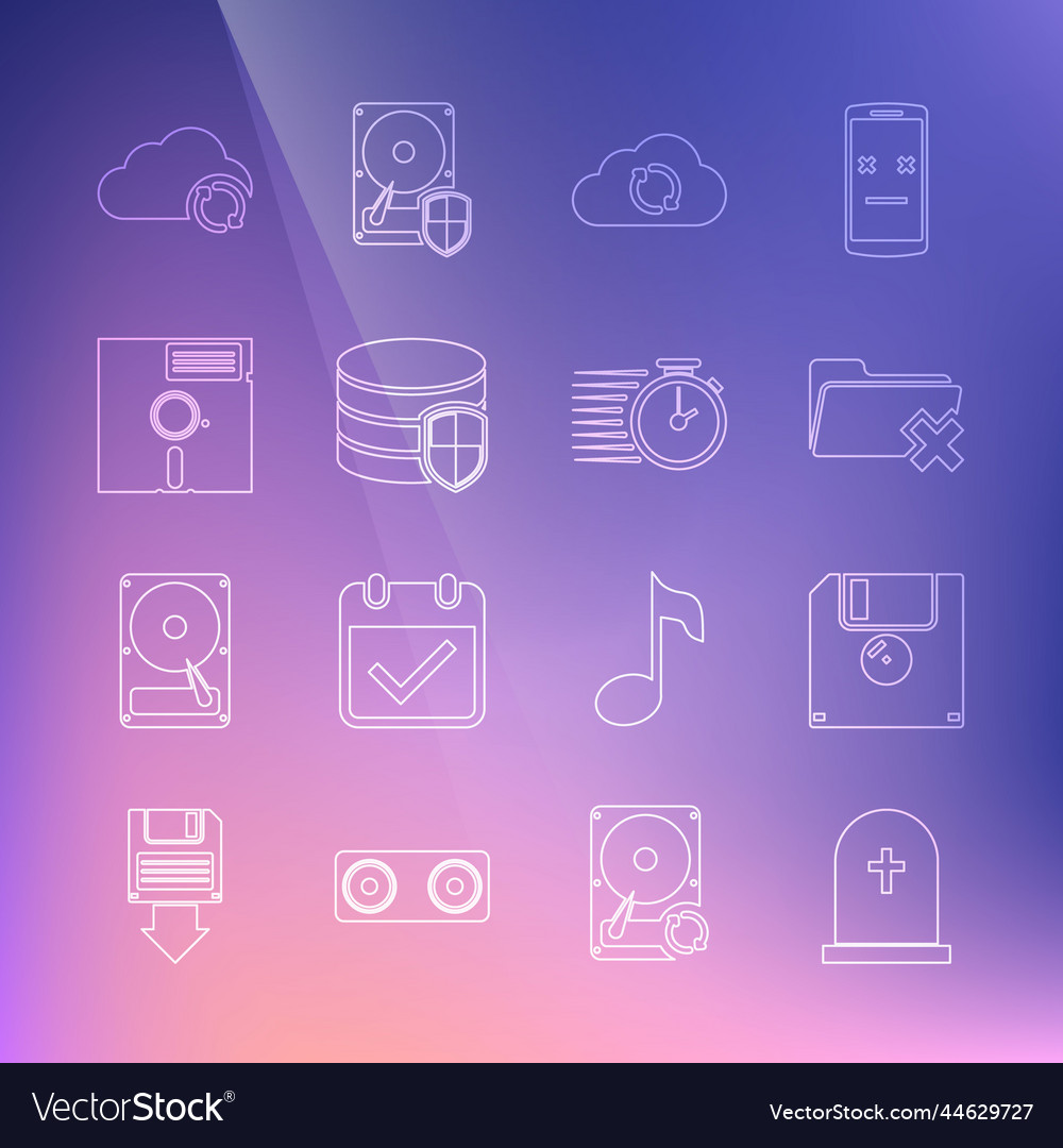 Set line tombstone with cross floppy disk delete vector image Set line tombstone with cross floppy disk delete