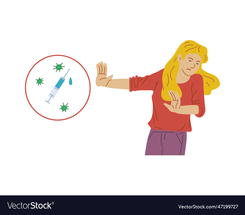 Woman refusing drugs showing negative gesture flat