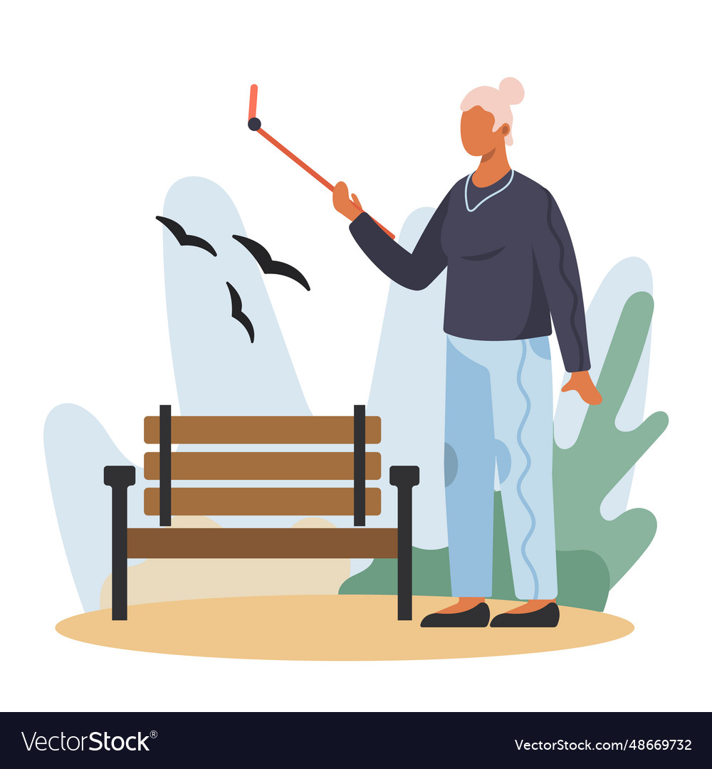 Old lady walking in park takes selfie modern vector image Old lady walking in park takes selfie modern