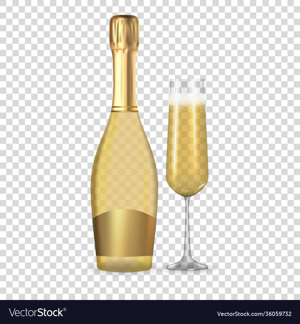 Realistic 3d champagne golden bottle and glass