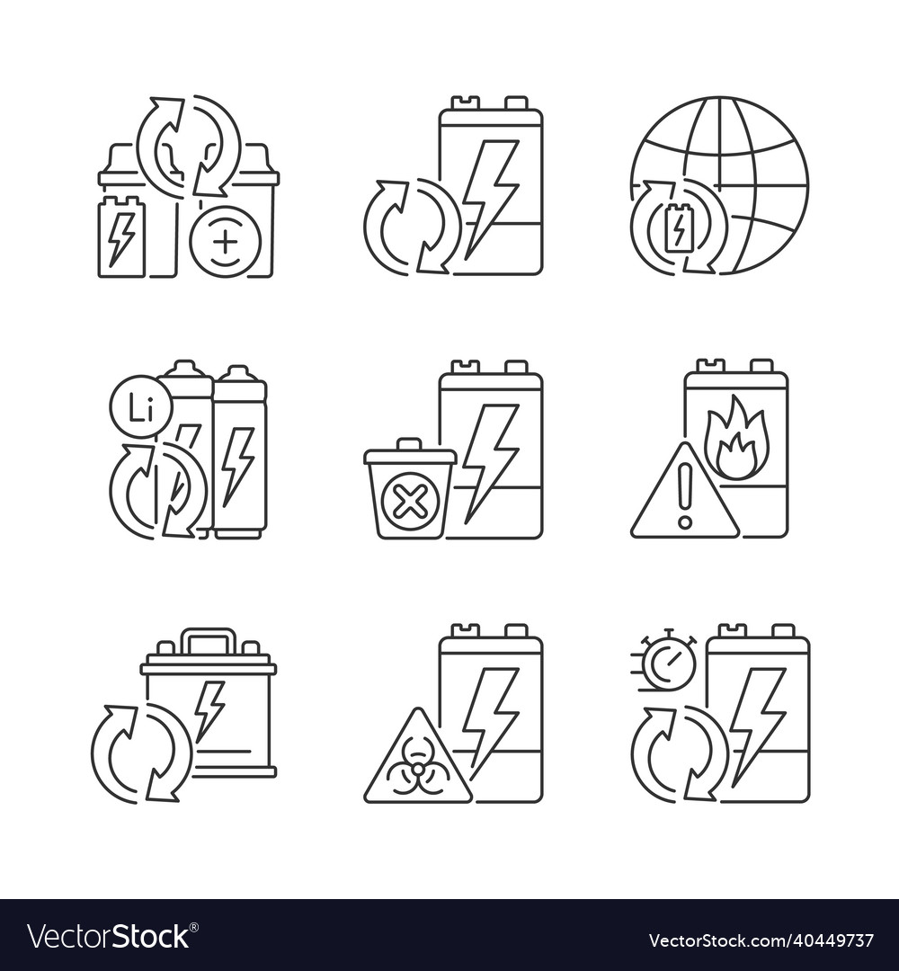 Battery reuse linear icons set vector image Battery reuse linear icons set