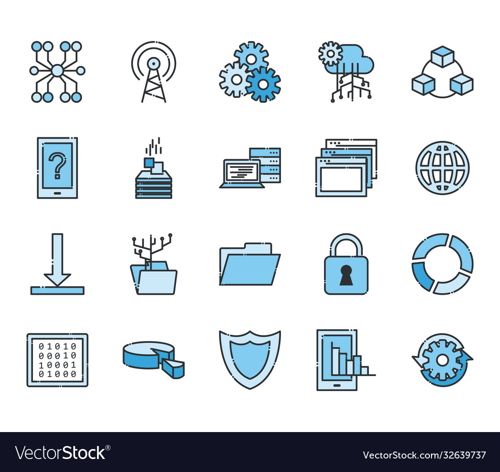 Big data line and fill style icon set Vector Image Big data line and fill style icon set