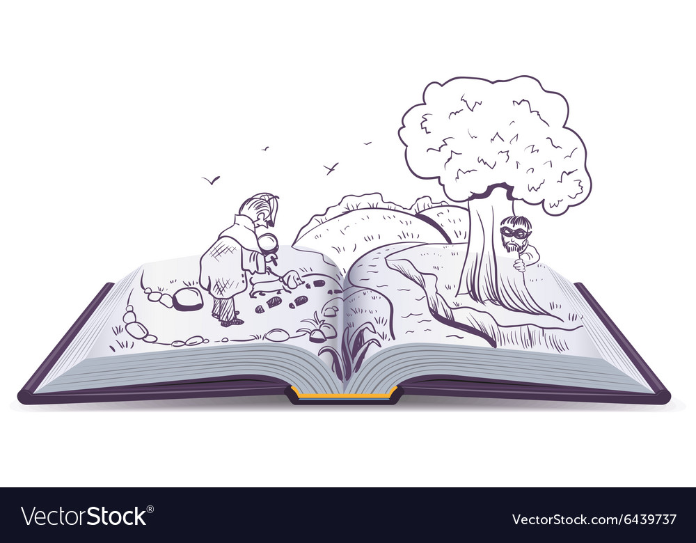 Open book detective with dog looking Royalty Free Vector