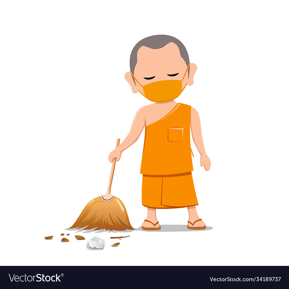 Thai monk put face mask virus protection Vector Image