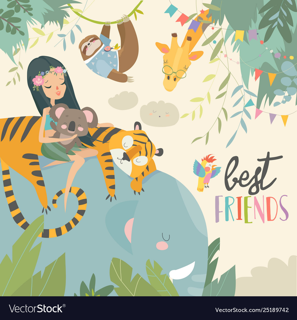 Pretty girl with cartoon animal happy friends Vector Image Pretty girl with cartoon animal happy friends Vector Image