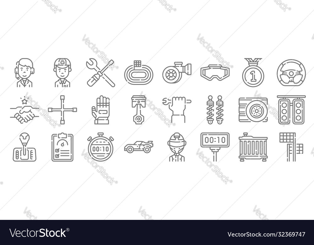 Auto racing line icons linear set quality vector image Auto racing line icons linear set quality