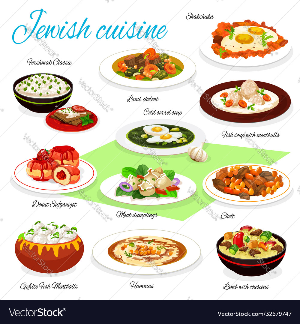 Jewish cuisine fish meat vegetables with donuts Vector Image