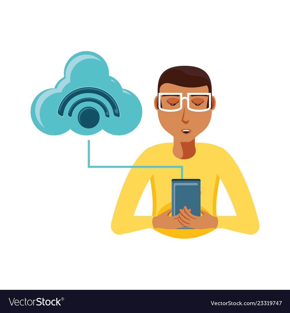 Man with smartphone and cloud computing