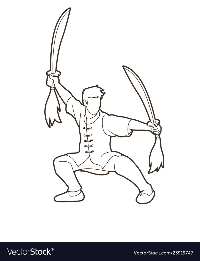 Man with swords action kung fu pose graphic vector image Man with swords action kung fu pose graphic
