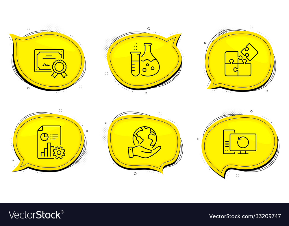Puzzle chemistry flask and report icons set