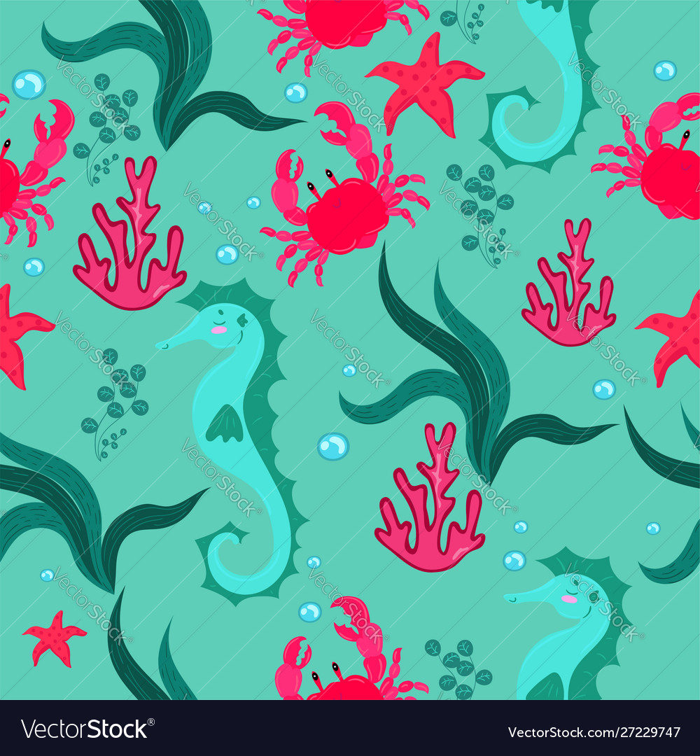Seamless pattern with seahorses crabs algae