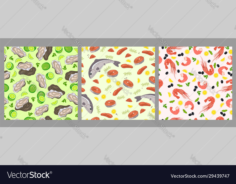 Set seamless patterns with sea food graphics vector image Set seamless patterns with sea food graphics