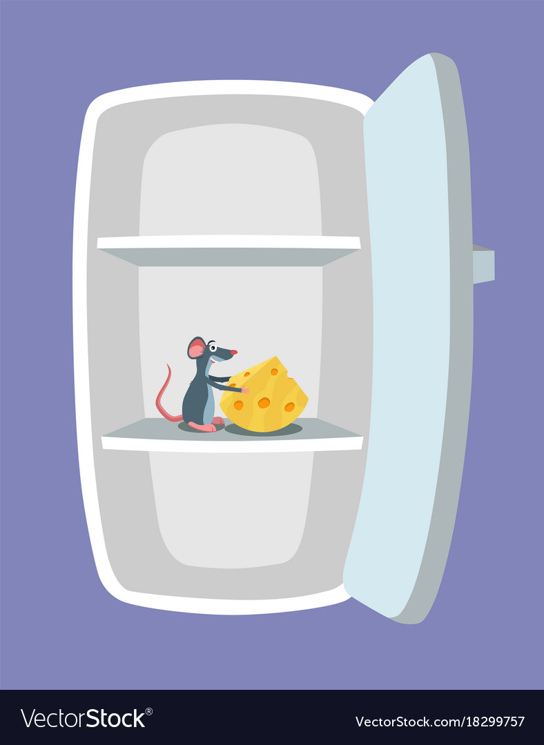 Empty fridge and mouse with cheese inside it Vector Image