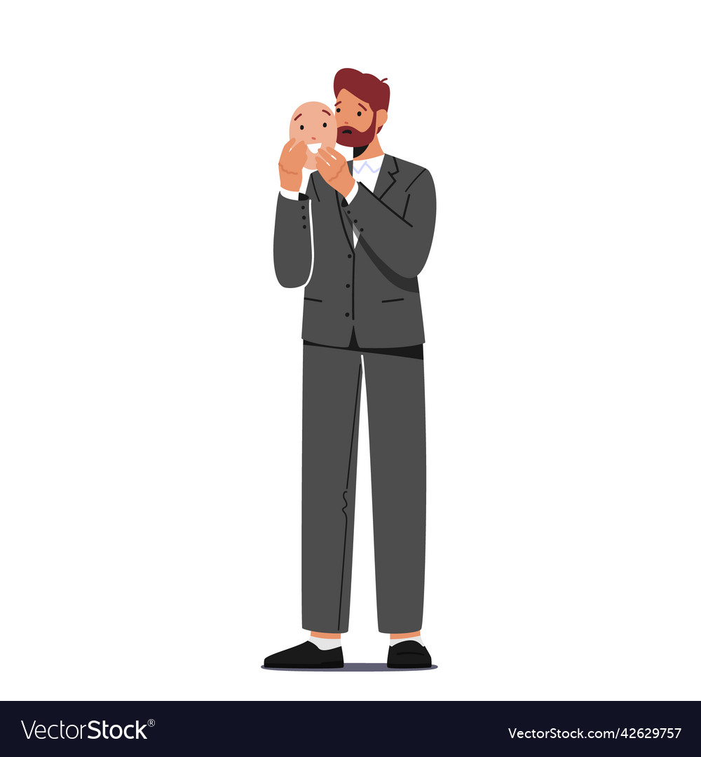 Unhappy businessman hide face under happy smiling