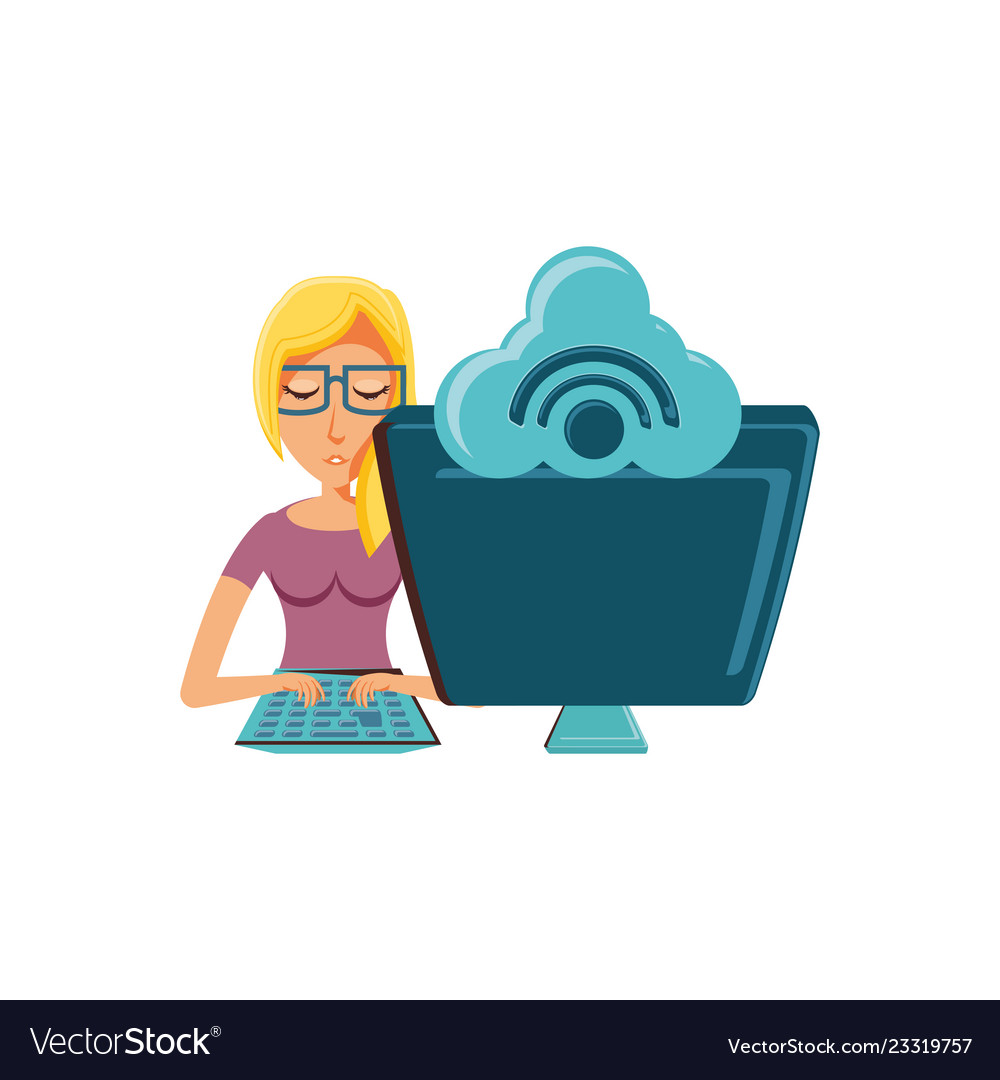 Woman with desktop computer and cloud computing